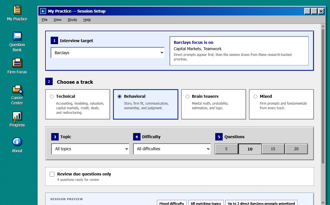 AnalystPrep interview practice session setup screen