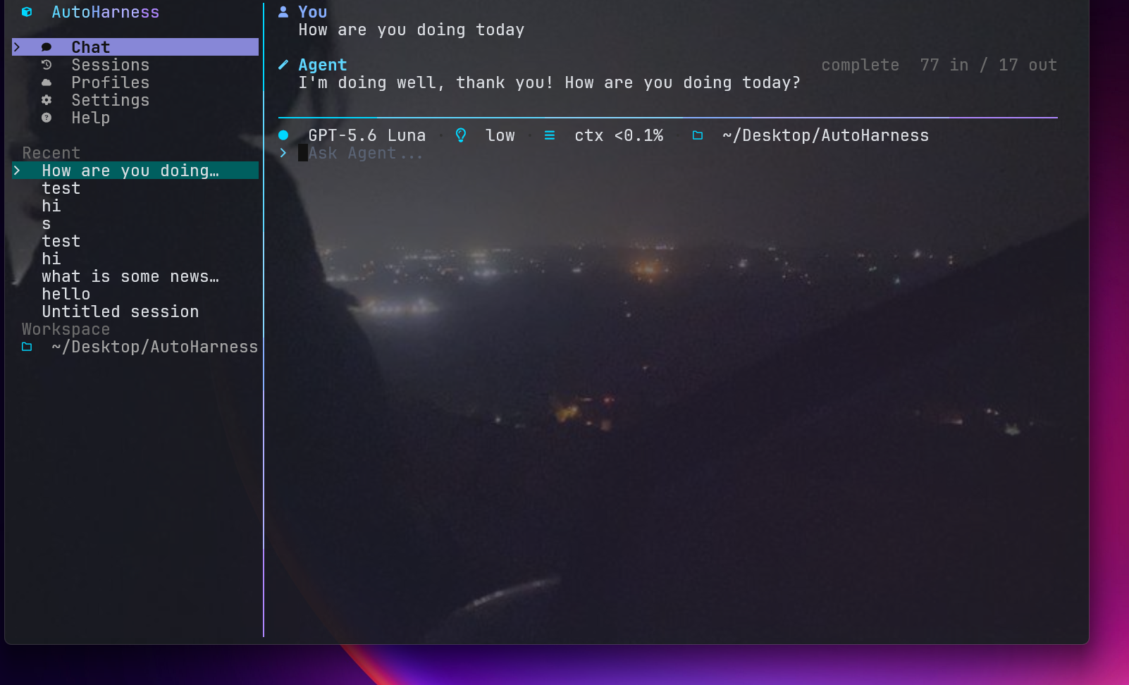 AutoHarness terminal interface showing an agent conversation, workspace navigation, model, and context status