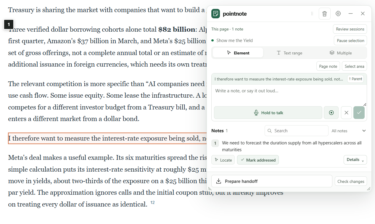 Pointnote annotation panel beside a research report, with a selected passage, a saved note, voice input, and an agent handoff action